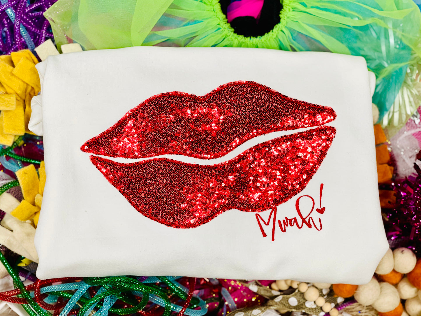 CUSTOM Embroidered with Bean Stitching Valentine Lip Tee/Sweatshirt-Black