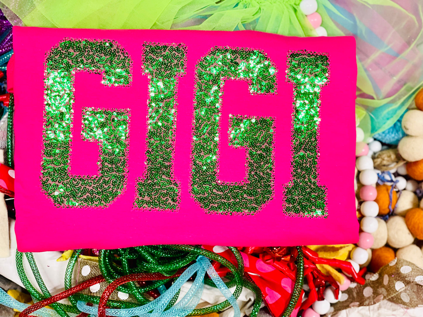 CUSTOM Embroidered Green Sequin GIGI or any name tee!!