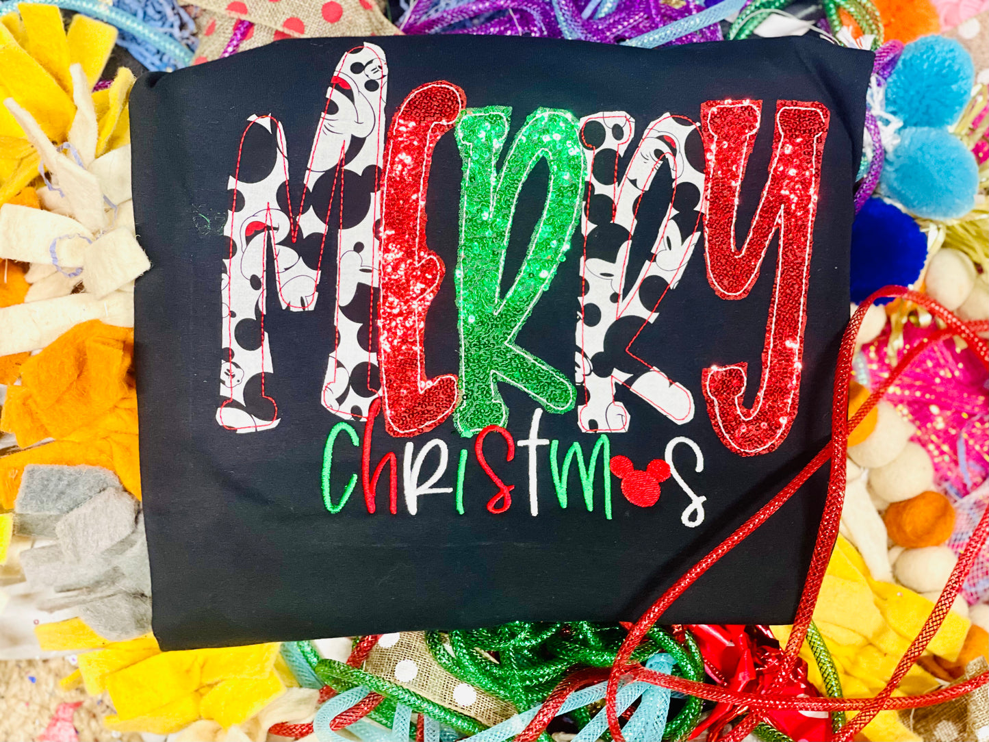 Embroidered Merry Christmas Tee/Sweatshirt with Sequin Fabric!