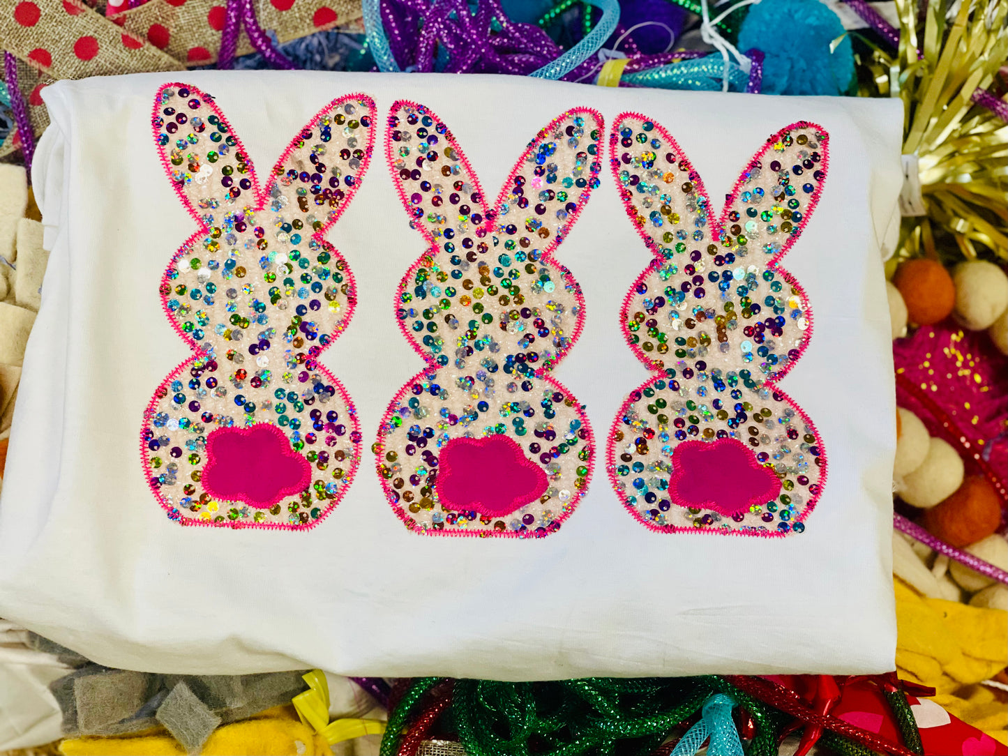 Custom Embroidered Bunny Tee or Sweatshirt with multi sequin fabrics, Spring Shirt, Easter