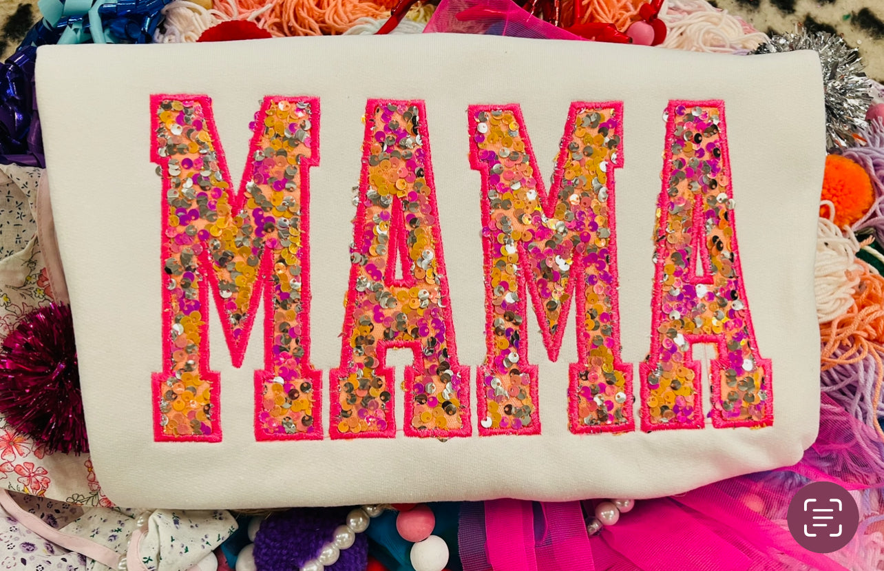 Custom Embroidered Pink and Orange Sequin MAMA Tee or Sweatshirt