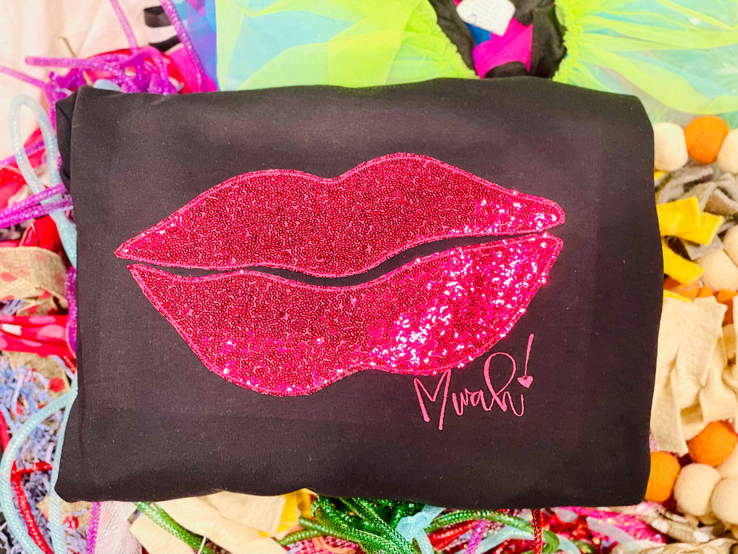 CUSTOM Embroidered with Bean Stitching Valentine Lip Tee/Sweatshirt-Black