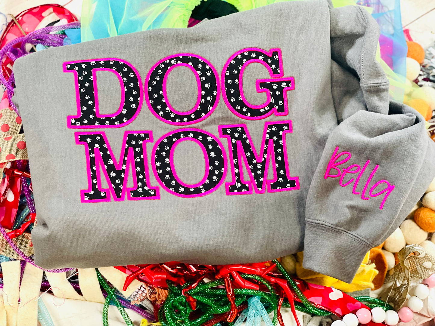 CUSTOM Embroidered DOG MOM tee/Sweatshirt Name on sleeve!