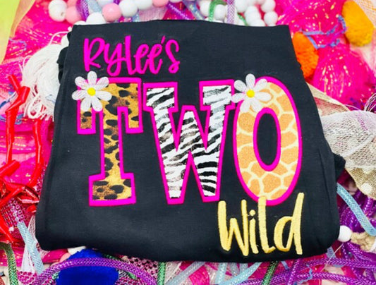Embroidered Two Wild Animal Print Theme Birthday Shirt