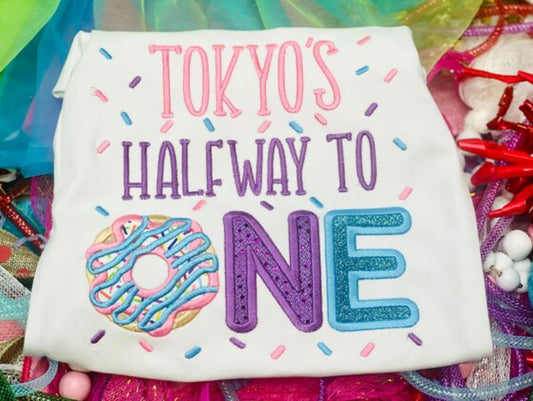 Embroidered Donut Half Way To One Theme Birthday Shirt