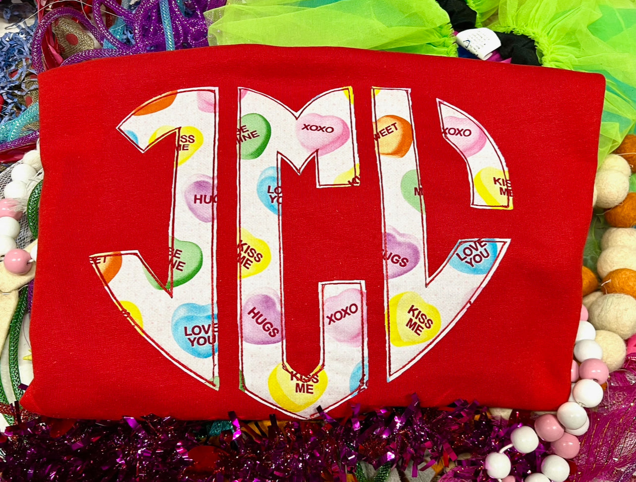 Custom Embroidered Candy Heart Monogram Tee or Sweatshirt, Valentine’s Day Shirt