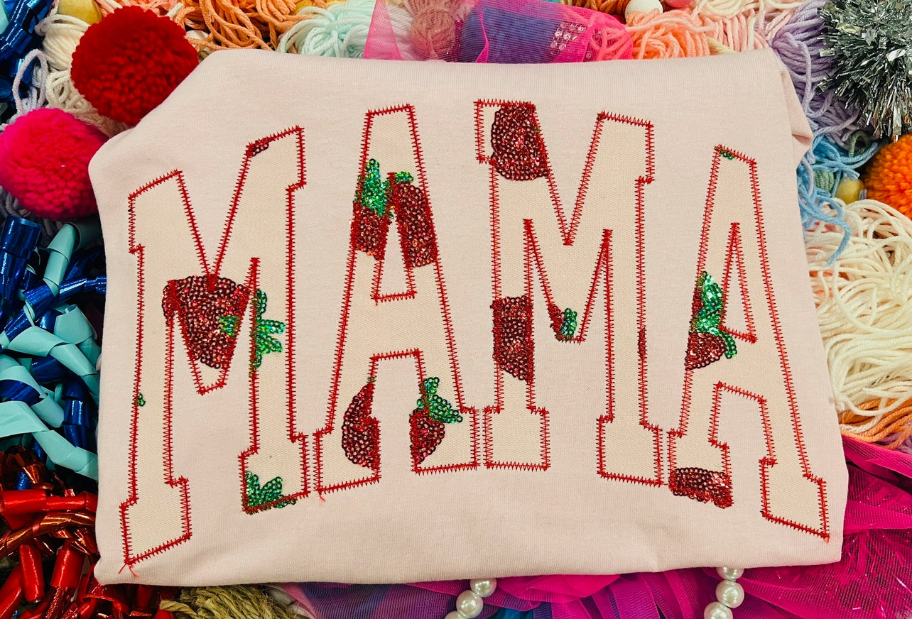 Custom Embroidered Sequin Strawberry MAMA Tee or Sweatshirt