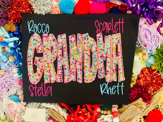 Embroidered Grandma Colorful Sequin Fabric grandchildren’s names