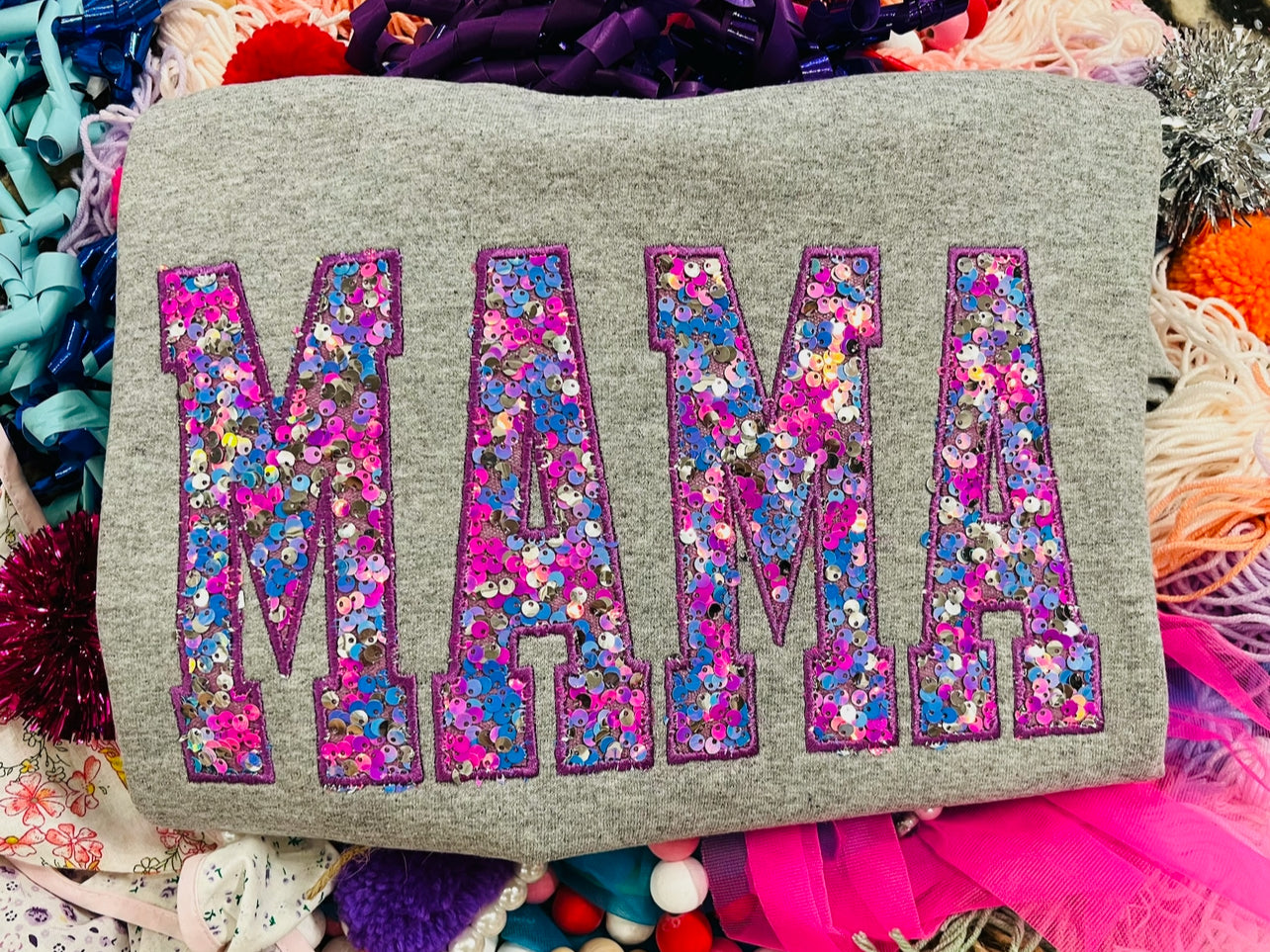 Custom Embroidered Pink and Purple Sequin MAMA Tee or Sweatshirt