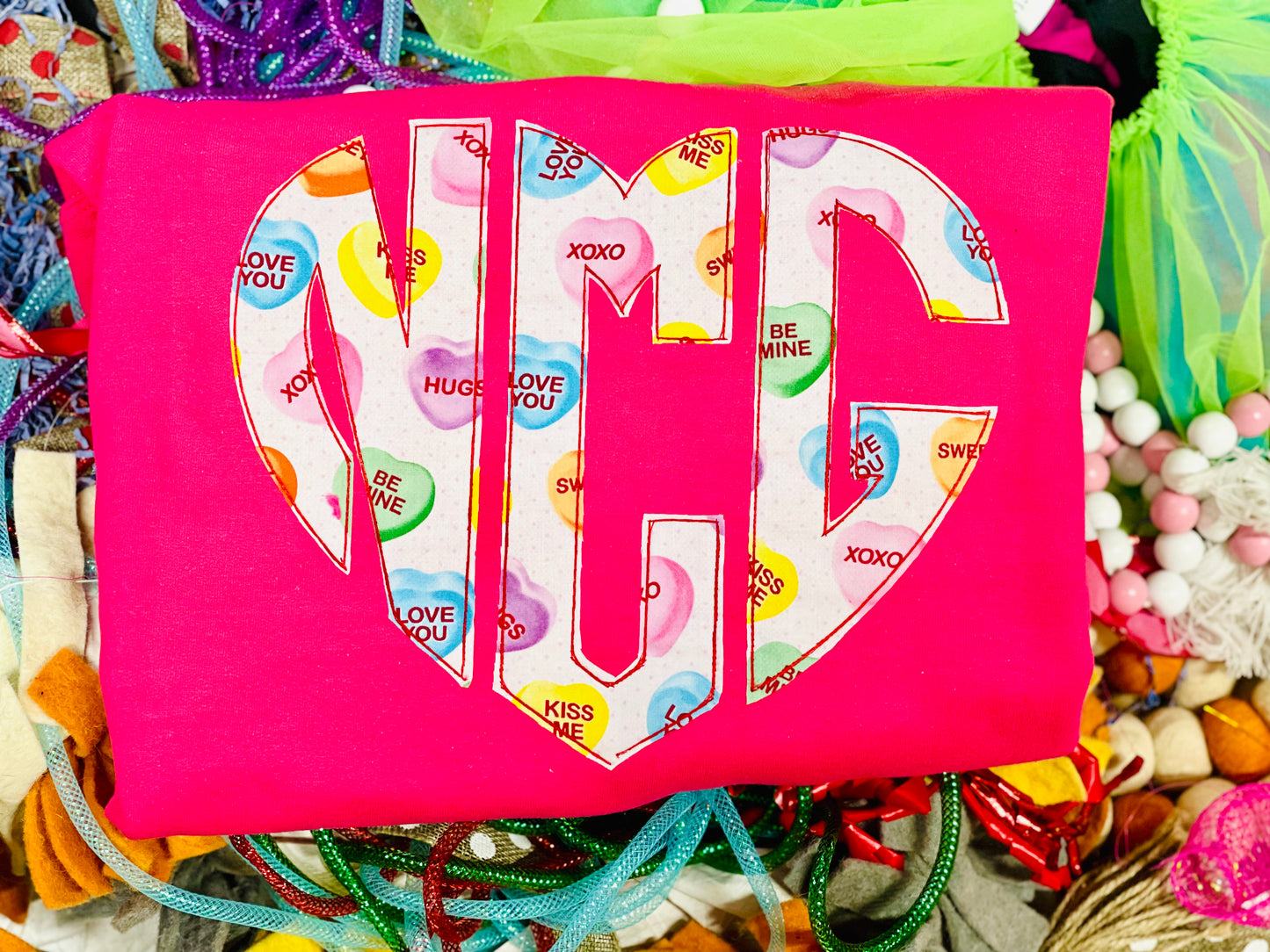 Custom Embroidered Candy Heart Monogram Tee or Sweatshirt, Valentine’s Day Shirt