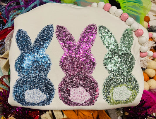 Custom Embroidered Bunny Tee or Sweatshirt with sequin fabrics, Spring Shirt, Easter