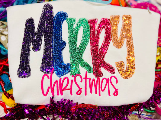 COLORFUL Embroidered Merry Christmas Tee/Sweatshirt with Sequin Fabric!