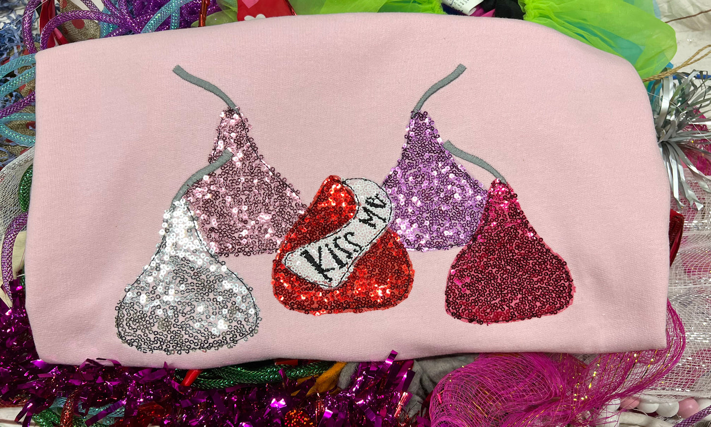Custom Kiss Me Embroidered Tee or Sweatshirt with sequin fabrics!