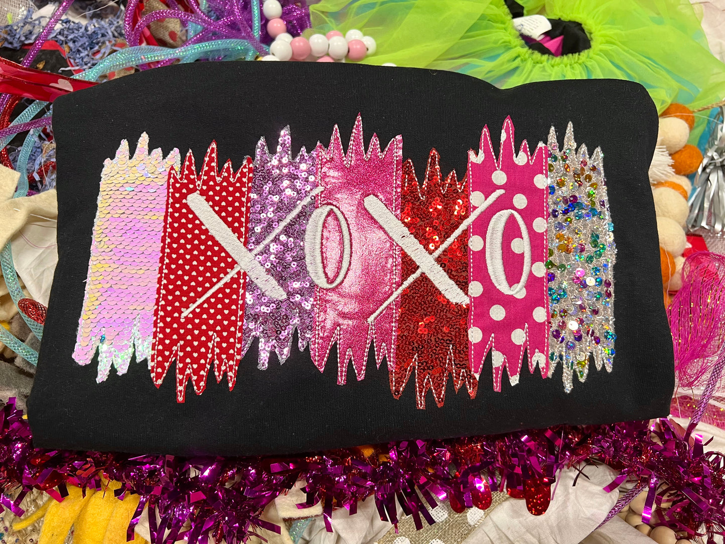 Custom Embroidered XOXO Tee or Sweatshirt with different pink & red fabrics!