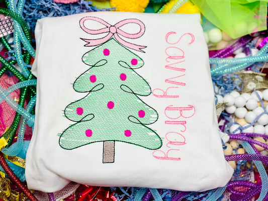 Custom Embroidery Christmas Tree W/Bow Shirt