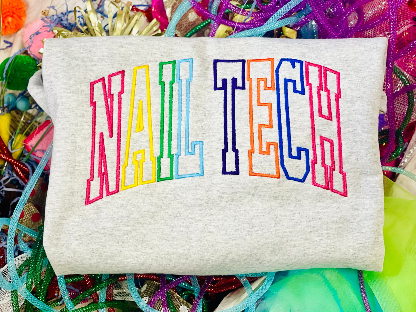 CUSTOM Arched Embroidered Varsity Letters Tee or Sweatshirt with Colorful Stitching