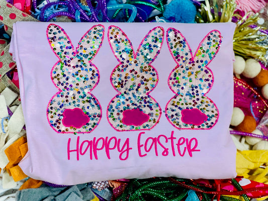 Custom Embroidered Bunny Tee or Sweatshirt with multi sequin fabrics & Happy Easter Embroidered underneath, Spring Shirt, Easter