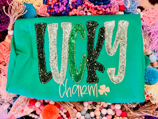 Embroidered Sequin Lucky Charm Tee or Sweatshirt wit Green Sequin Fabric, St. Patrick’s Day